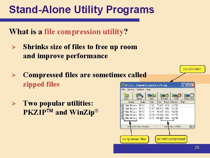 Stand-Alone Utility Programs What is a file compression utility? Ø Shrinks size of files Stand-Alone Utility Programs What is a file compression utility? Ø Shrinks size of files