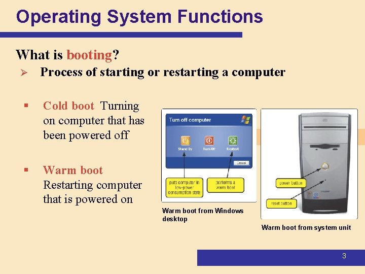 Operating System Functions What is booting? Ø Process of starting or restarting a computer Operating System Functions What is booting? Ø Process of starting or restarting a computer
