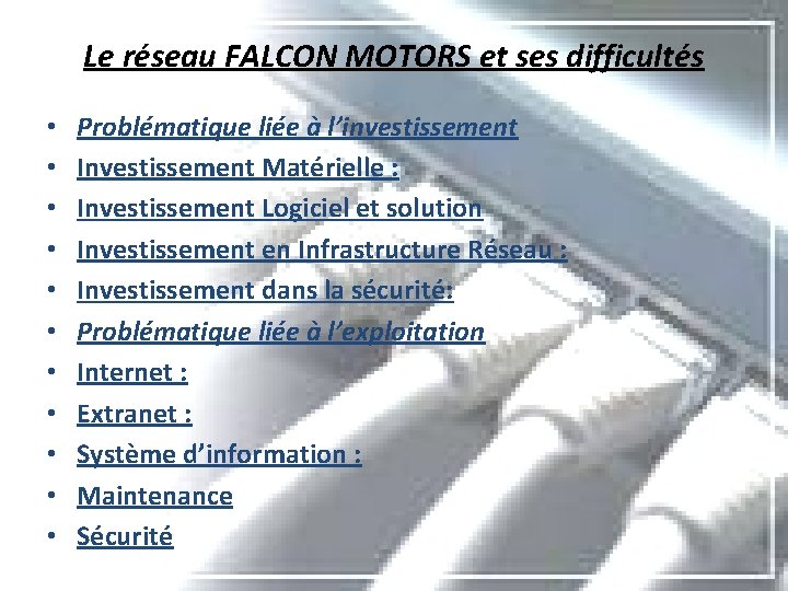 Le réseau FALCON MOTORS et ses difficultés • • • Problématique liée à l’investissement