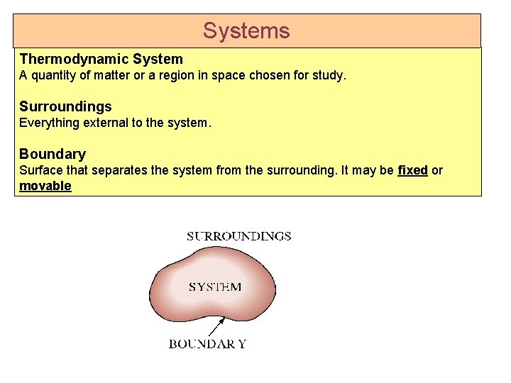 Systems Thermodynamic System A quantity of matter or a region in space chosen for