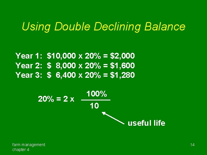 Using Double Declining Balance Year 1: $10, 000 x 20% = $2, 000 Year