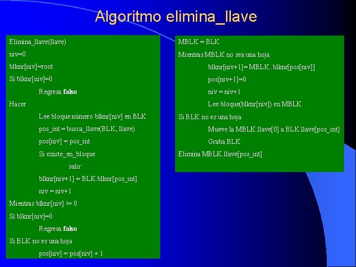 Algoritmo elimina_llave Elimina_llave(llave) MBLK = BLK niv=0 Mientras MBLK no sea una hoja blknr[niv]=root