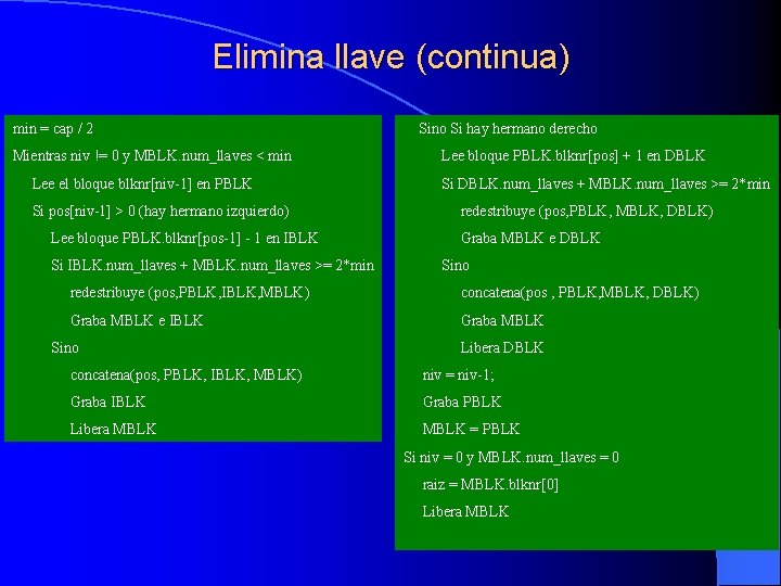 Elimina llave (continua) min = cap / 2 Sino Si hay hermano derecho Mientras