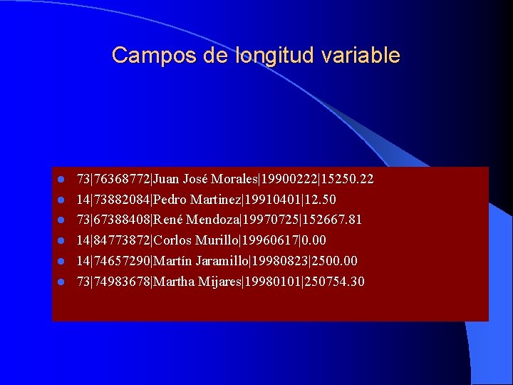 Campos de longitud variable l l l 73|76368772|Juan José Morales|19900222|15250. 22 14|73882084|Pedro Martinez|19910401|12. 50