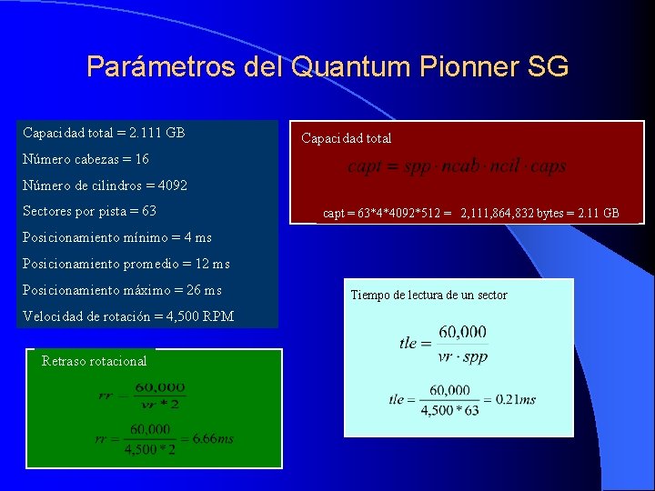 Parámetros del Quantum Pionner SG Capacidad total = 2. 111 GB Capacidad total Número