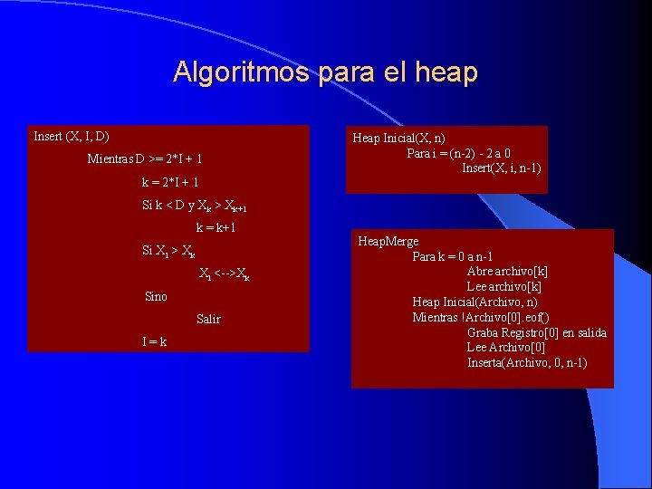 Algoritmos para el heap Insert (X, I, D) Mientras D >= 2*I + 1