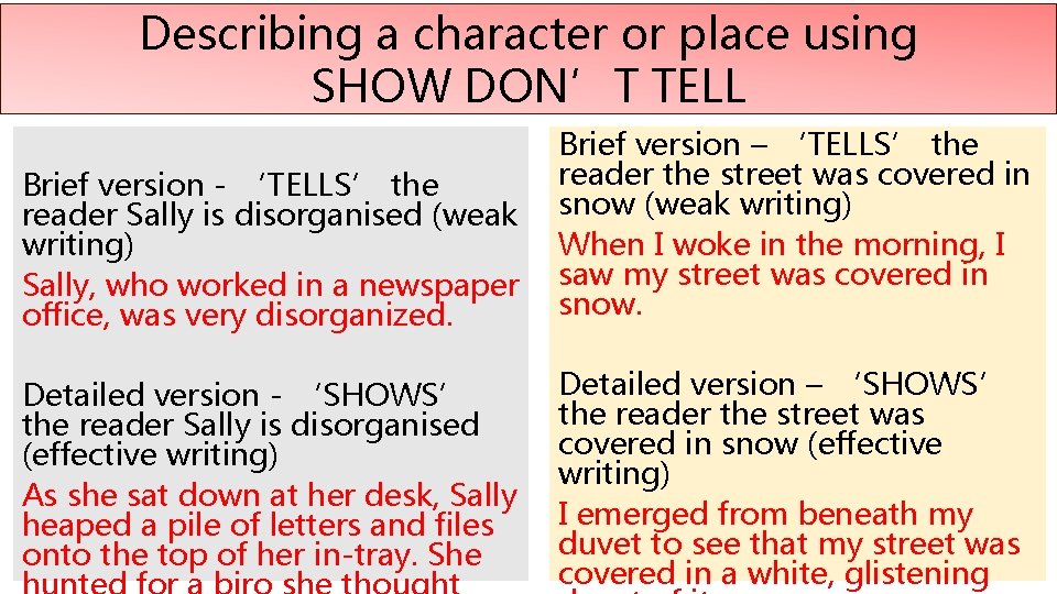 Describing a character or place using SHOW DON’T TELL Brief version - ‘TELLS’ the