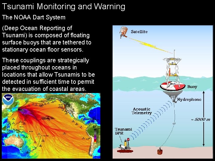 Tsunami Monitoring and Warning The NOAA Dart System (Deep Ocean Reporting of Tsunami) is