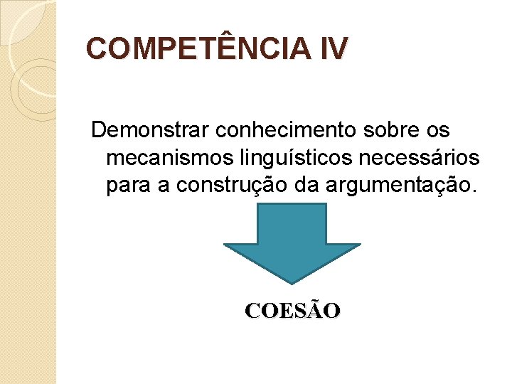 COMPETÊNCIA IV Demonstrar conhecimento sobre os mecanismos linguísticos necessários para a construção da argumentação.