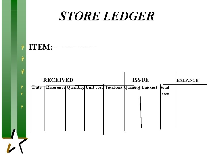 STORE LEDGER H H ITEM: -------- H RECEIVED ISSUE BALANCE H Date Reference Quantity STORE LEDGER H H ITEM: -------- H RECEIVED ISSUE BALANCE H Date Reference Quantity