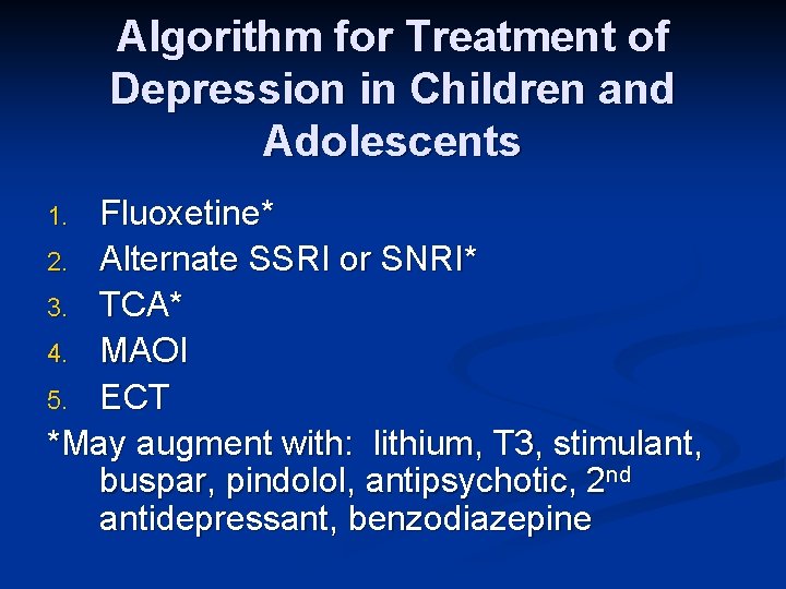 Algorithm for Treatment of Depression in Children and Adolescents Fluoxetine* 2. Alternate SSRI or