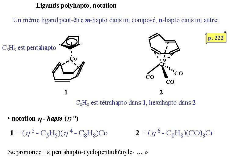 Ligands polyhapto, notation Un même ligand peut-être m-hapto dans un composé, n-hapto dans un