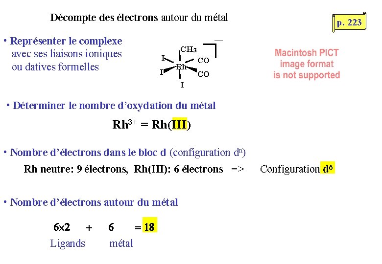 Décompte des électrons autour du métal • Représenter le complexe avec ses liaisons ioniques