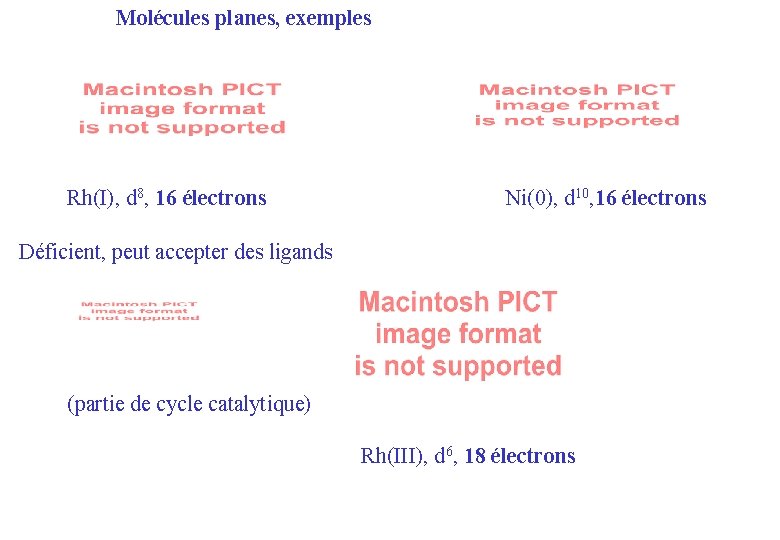 Molécules planes, exemples Rh(I), d 8, 16 électrons Ni(0), d 10, 16 électrons Déficient,