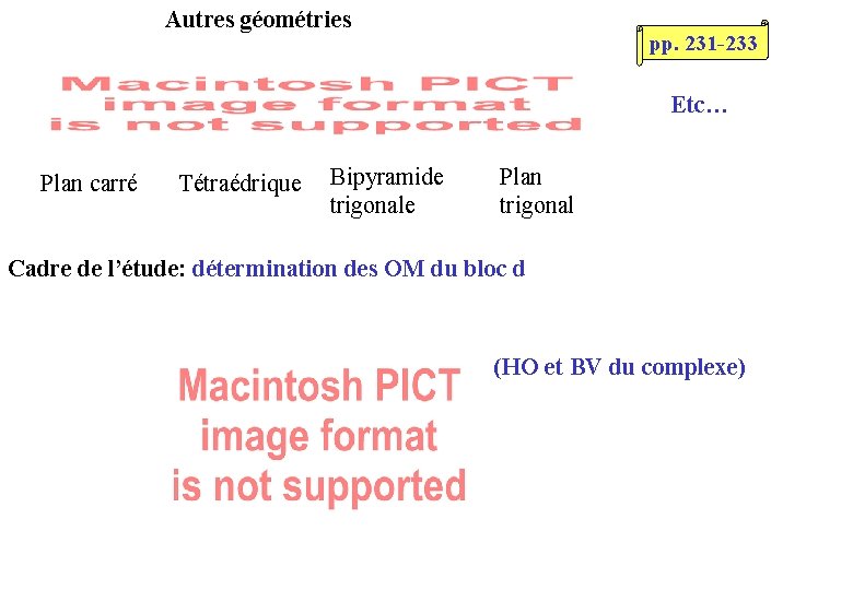 Autres géométries pp. 231 -233 Etc… Plan carré Tétraédrique Bipyramide trigonale Plan trigonal Cadre