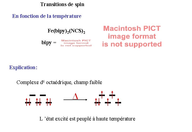 Transitions de spin En fonction de la température Fe(bipy)2(NCS)2 bipy = Explication: Complexe d