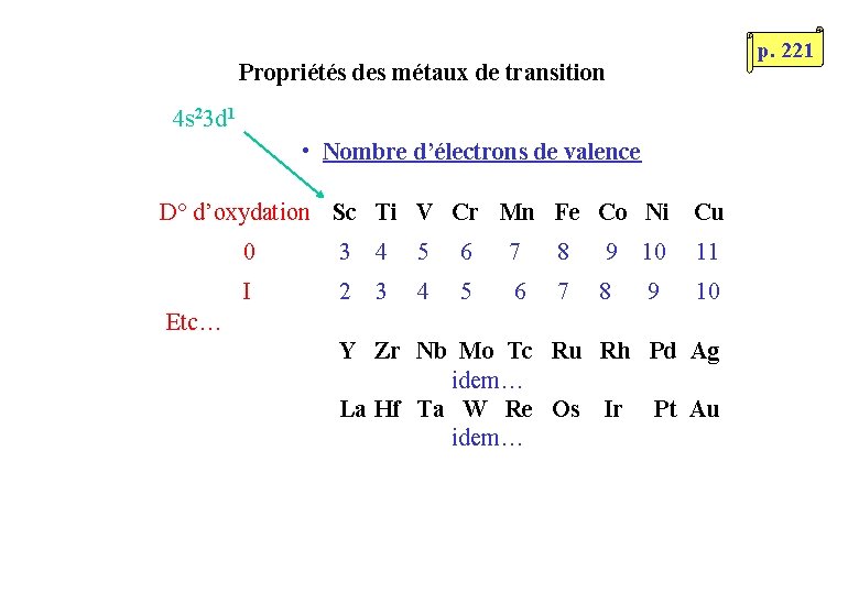 Propriétés des métaux de transition 4 s 23 d 1 • Nombre d’électrons de