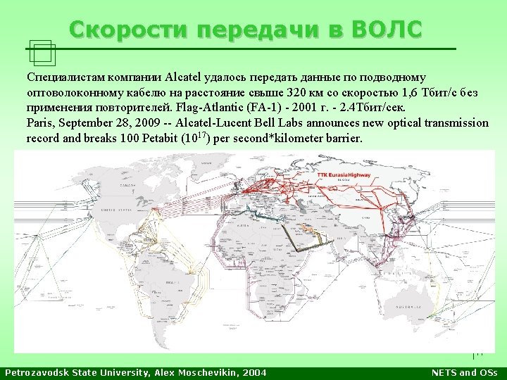 Скорости передачи в ВОЛС Специалистам компании Alcatel удалось передать данные по подводному оптоволоконному кабелю