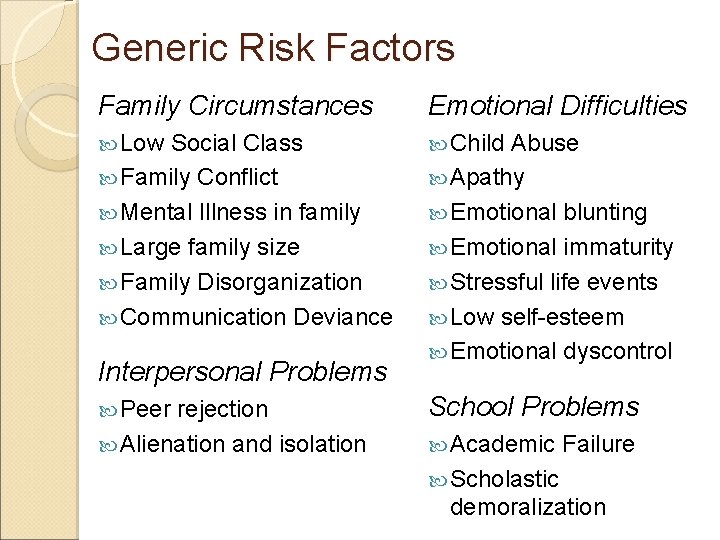Generic Risk Factors Family Circumstances Emotional Difficulties Low Social Class Child Abuse Family Conflict