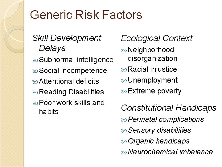 Generic Risk Factors Skill Development Delays Ecological Context Subnormal intelligence disorganization Racial injustice Unemployment