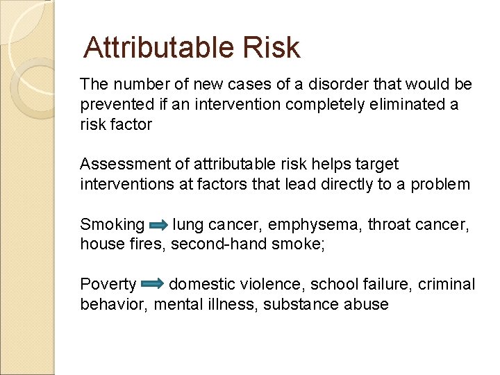 Attributable Risk The number of new cases of a disorder that would be prevented