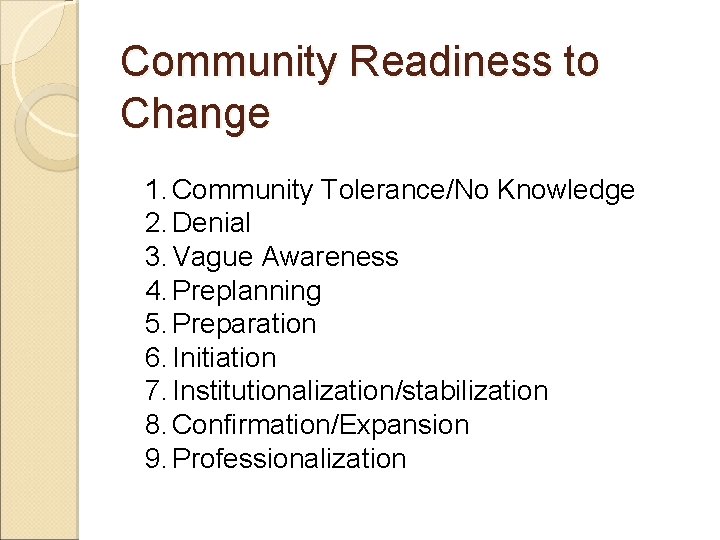 Community Readiness to Change 1. Community Tolerance/No Knowledge 2. Denial 3. Vague Awareness 4.