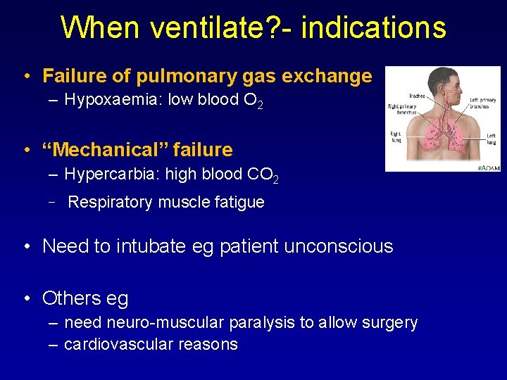 When ventilate? - indications • Failure of pulmonary gas exchange – Hypoxaemia: low blood