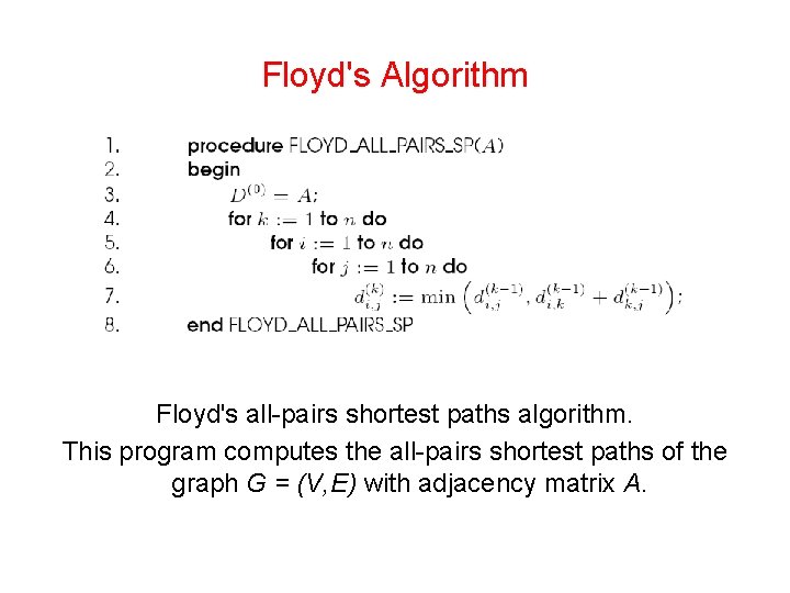 Floyd's Algorithm Floyd's all-pairs shortest paths algorithm. This program computes the all-pairs shortest paths