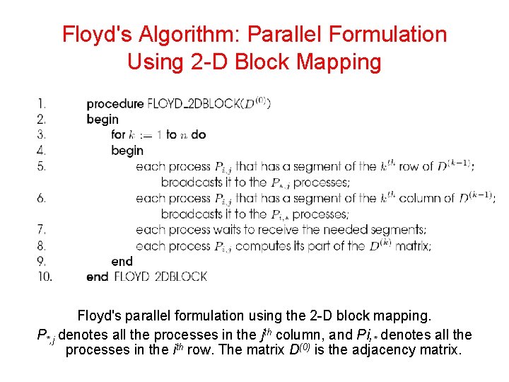 Floyd's Algorithm: Parallel Formulation Using 2 -D Block Mapping Floyd's parallel formulation using the