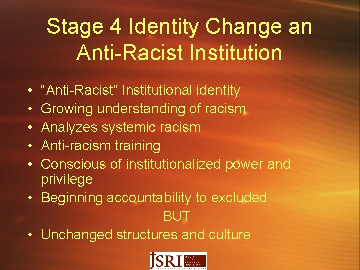 Stage 4 Identity Change an Anti-Racist Institution • • • “Anti-Racist” Institutional identity Growing