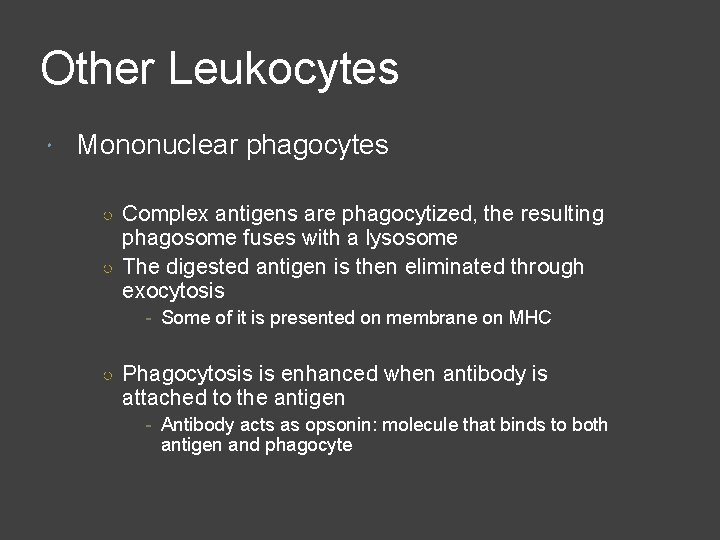 Other Leukocytes Mononuclear phagocytes ○ Complex antigens are phagocytized, the resulting phagosome fuses with