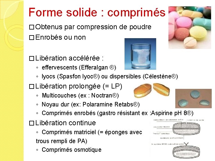 Forme solide : comprimés � Obtenus par compression de poudre � Enrobés ou non