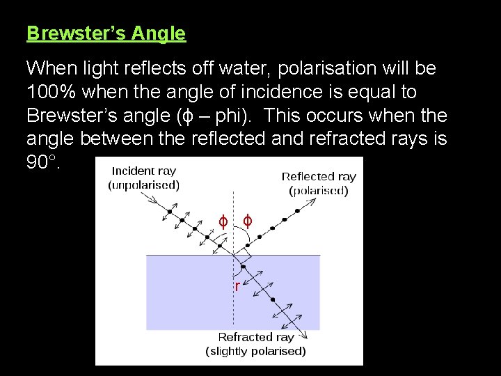 Brewster’s Angle When light reflects off water, polarisation will be 100% when the angle