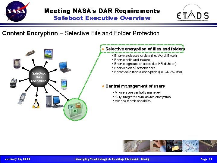 Meeting NASA’s DAR Requirements Safeboot Executive Overview Content Encryption – Selective File and Folder Meeting NASA’s DAR Requirements Safeboot Executive Overview Content Encryption – Selective File and Folder