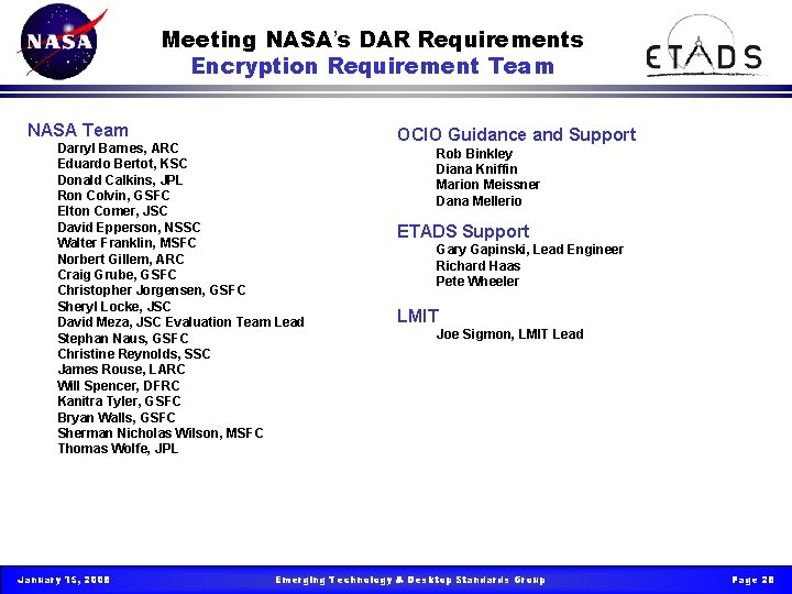 Meeting NASA’s DAR Requirements Encryption Requirement Team NASA Team Darryl Barnes, ARC Eduardo Bertot,