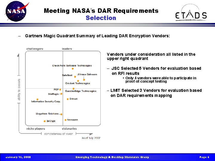 Meeting NASA’s DAR Requirements Selection – Gartners Magic Quadrant Summary of Leading DAR Encryption