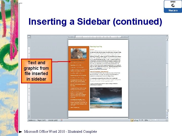 Inserting a Sidebar (continued) Text and graphic from file inserted in sidebar Microsoft Office