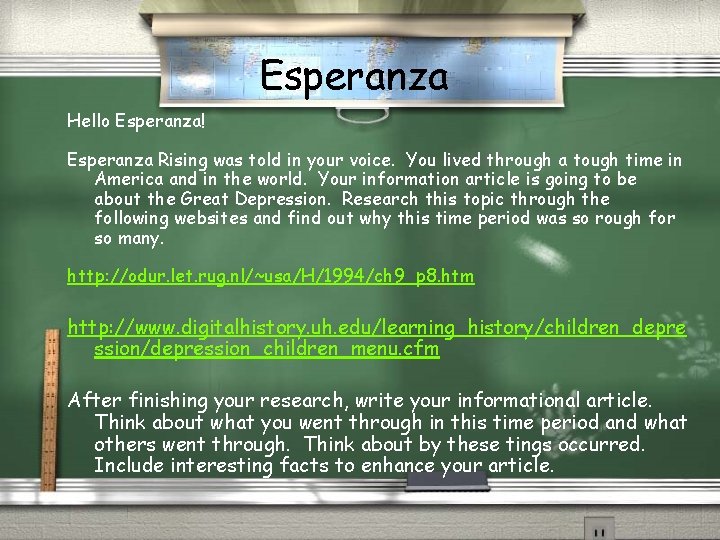 Esperanza Hello Esperanza! Esperanza Rising was told in your voice. You lived through a Esperanza Hello Esperanza! Esperanza Rising was told in your voice. You lived through a