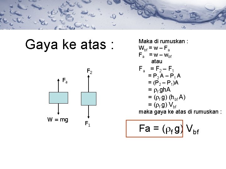 Gaya ke atas : F 2 Fa Maka di rumuskan : Wbf = w