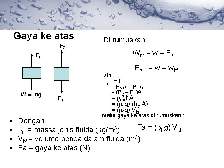 Gaya ke atas F 2 Di rumuskan : Wbf = w – Fa Fa