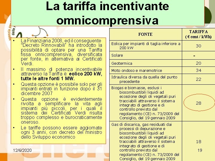 La tariffa incentivante omnicomprensiva • • • La Finanziaria 2008, ed il conseguente "Decreto