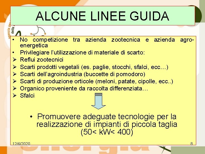 ALCUNE LINEE GUIDA • No competizione tra azienda zootecnica e azienda agroenergetica • Privilegiare