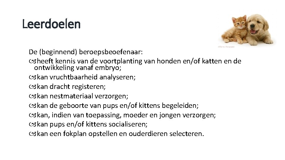 Leerdoelen De (beginnend) beroepsbeoefenaar: heeft kennis van de voortplanting van honden en/of katten en