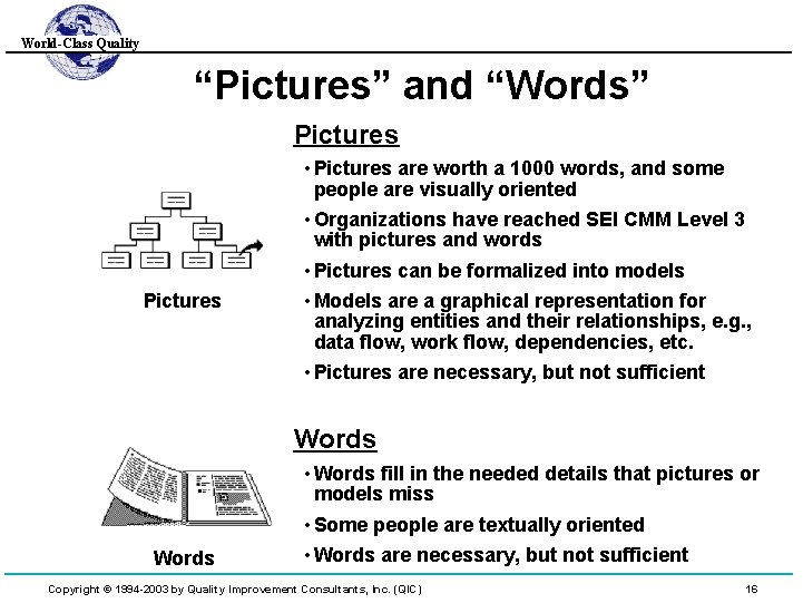 World-Class Quality “Pictures” and “Words” Pictures • Pictures are worth a 1000 words, and