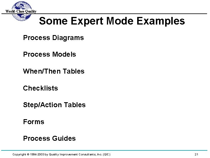 World-Class Quality Some Expert Mode Examples Process Diagrams Process Models When/Then Tables Checklists Step/Action