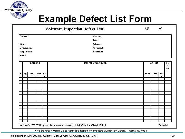 World-Class Quality Example Defect List Form • Reference: “ World-Class Software Inspection Process Guide”,