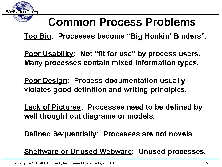 World-Class Quality Common Process Problems Too Big: Processes become “Big Honkin’ Binders”. Poor Usability: