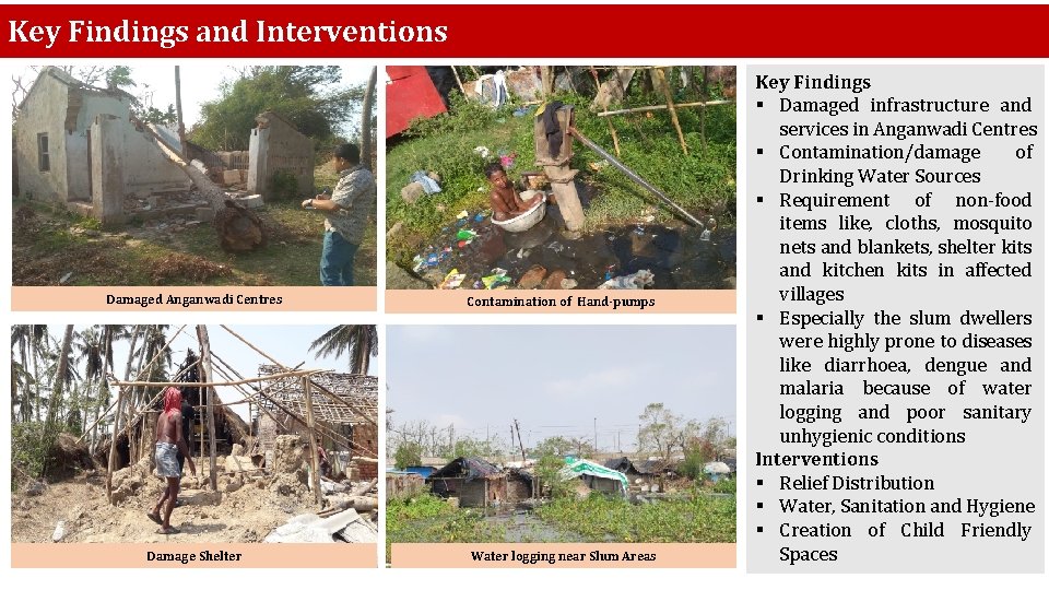 Key Findings and Interventions Damaged Anganwadi Centres Contamination of Hand-pumps Damage Shelter Water logging