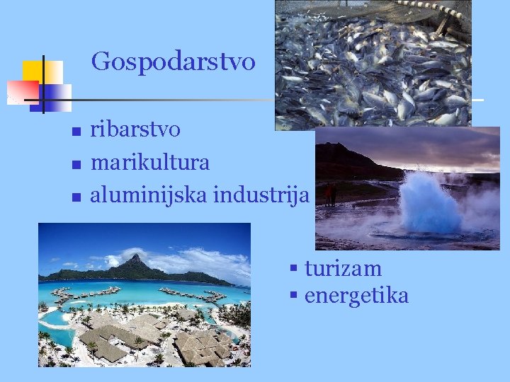 Gospodarstvo n n n ribarstvo marikultura aluminijska industrija § turizam § energetika 