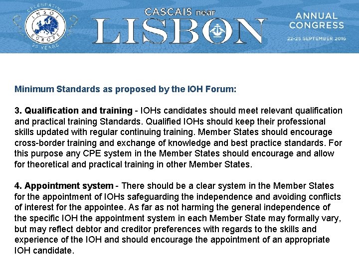 Minimum Standards as proposed by the IOH Forum: 3. Qualification and training - IOHs